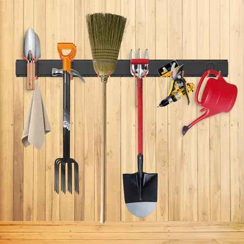 Garage Storage Organization Wall Mount, Garden Tool Organizer 48 Inches, Adjustable Heavy Duty Metal Hooks, Yard Tool Organizer Hold Up to 450lbs, Hanging Rake Broom Mop Snowboard (48 inch)