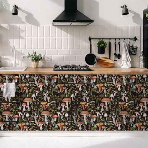Mushroom Wallpaper Peel and Stick Textured?Boho Contact Paper Removable Vintage Forest Stick on Wallpaper Self Adhesive for Bedroom Bathroom, Black Green Brown White, 17.3 x 79 inch