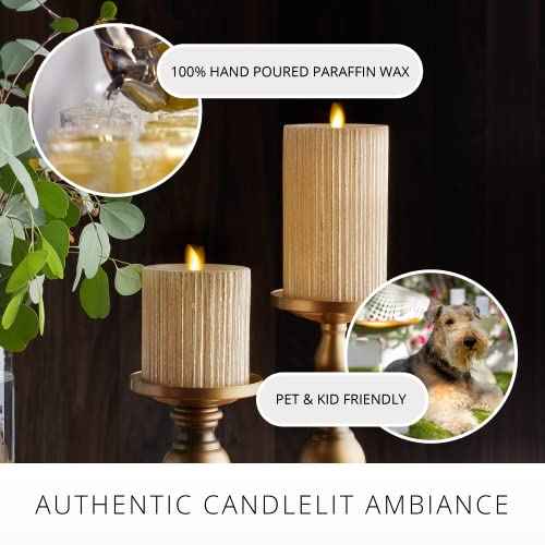 Luminara Metallic Embossed Pillar, Champagne Flameless LED Candle 3.25" x 6.5", Battery Operated Real Flame Technology w/Timer Function, Paraffin Wax