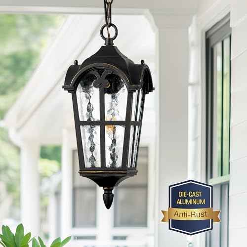 VIANIS Black Outdoor Pendant Light Lantern with Gold Trim, Outdoor Hanging Lights with Ripple Glass, Aluminum Outside Chandelier for Porch Waterproof and Anti-rust, Ceiling Fixtures for House Entryway