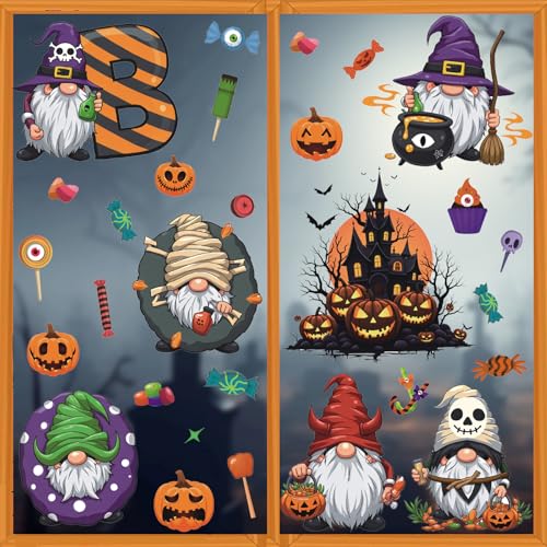 Halloween Gnome Window Clings,Cute Gnome Window Sticker,Pumpkin Bat Wall Decals,Haunted House Spooky Wall Sticker,Halloween Candy Witch Boo Ghost Decals,Pumpkin Cling for Glass Home Party Room