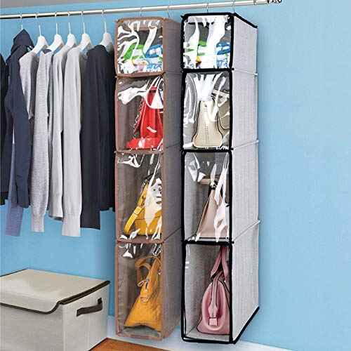 4 Tier Handbag Purse Organizer with Dustproof Cover, Foldable Hanging Closet Wardrobe Storage Shelves Closet Storage System for Living Room Bedroom Home Use, Grey