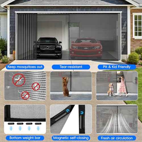 Sliding Garage Door Screen with Track for 2 Car,16 * 7 FT Garage Screen Door Retractable Privacy Garage Door Curtain Keep Annoying Animals Out,Heavy Duty Fiberglass Mesh Sliding Garage Screen