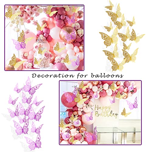 3D Purple Gold Butterfly Wall Stickers, 24 PCS 3 Sizes Butterfly Wall Decals, Removable Metallic Gold Wall Sticker Room Mural for Paper Art Party Cupcake Kids Bedroom Classroom Wedding Balloon Decors