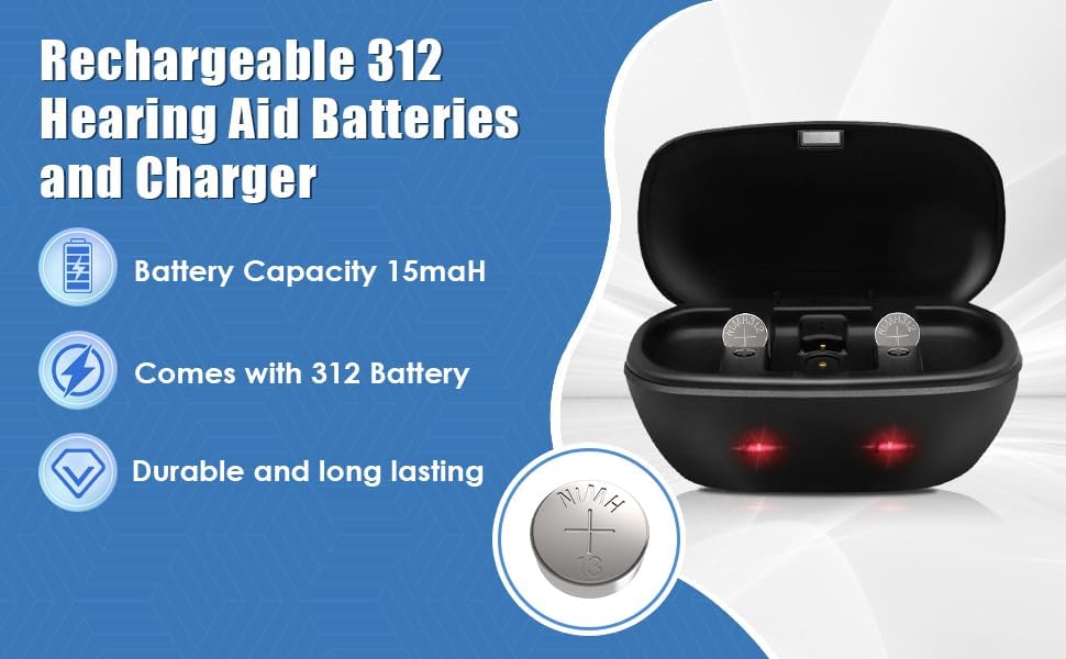 Rechargeable Hearing Aid Batteries and Charger for 312 Hearing Aid Amplifiers Battery Charger with 8 Pack 312 Button Rechargeable Batteries