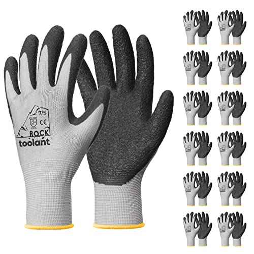 toolant Crinkle Latex Work Gloves Bulk, Rubber Coated Safety Work Gloves for Men and Women, 12 Pairs for Construction, Gardening, Warehouse (Gray, Small)