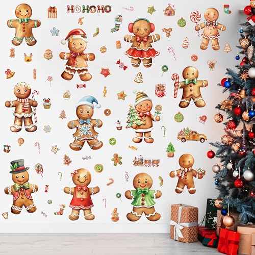 12 Sheets Christmas Gingerbread Wall Stickers Decorations, Xmas Wall Decals Holiday Gingerbread Candy Floor Wall Vinyl Stickers for Living Room Bedroom Home Office Decor