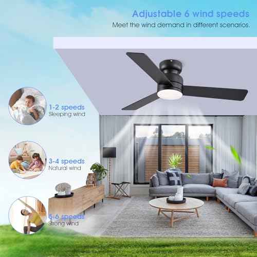 46 inch Modern Ceiling Fans with Lights and Remote/APP Control, Low Profile Flush Mount, Reversible 3 Blades, Double Sided, 6 Speeds, 3CCT, Dimmable LED Lights for Kids Room Bedroom, Black