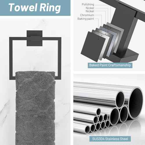 Black Towel Bar Bathroom Accessories Set, 23.6Inch Towel Rack for Bathroom, 10 Pieces SUS304 Stainless Steel Towel Racks Toilet Paper Holder Set for Bathroom Wall Mounted