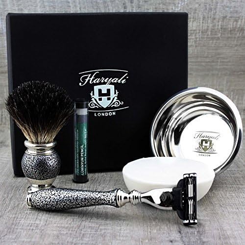 Haryali London 5 Pc Mens Grooming & Shaving Kit 3 Edge Razor with Black Badger Hair Shaving Brush, Soap, Bowl and Alum Perfect Set for Men