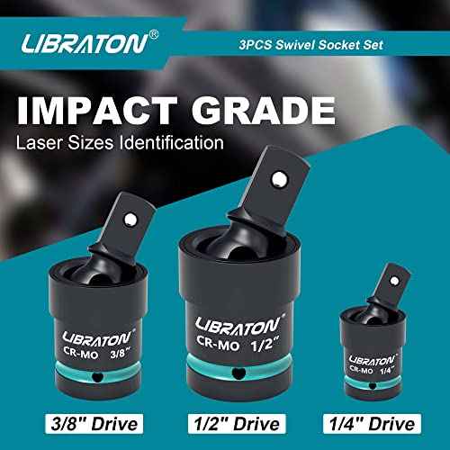 Libraton Swivel Socket Set, Impact Swivel Socket Set, Wobble Socket, Impact Grade Universal Joint, Cr-Mo Steel, 1/4-Inch, 3/8-Inch, 1/2-Inch Drive
