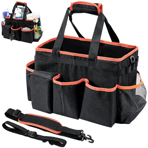 ProCase Cleaning Caddy Bag for Housekeepers, Foldable Cleaning Supply Bag with 5 Compartments, Wearable Detailing Organizer Tote with Handles and Shoulder Strap -Orange