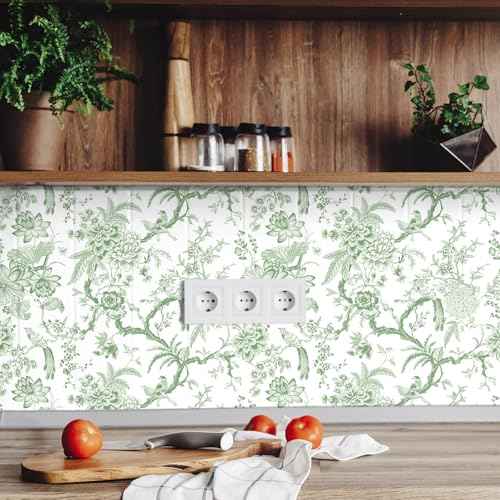 Chinoiserie Peel and Stick Wallpaper Removable Self Adhesive Wallpaper Floral Birds Contact Jacobean Vintage Contact Paper for Bedroom (Green,118.1" X 15.75")