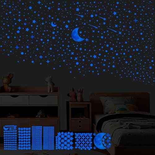 561pcs Glow in The Dark Stars Half Moon Wall Decals for Ceiling Living Room Kids Bedroom Luminous Planet Meteor Dots Stickers DIY Decoration (Half Moon-Blue)
