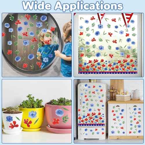 Chunnin 9 Sheets 4th of July Window Clings Summer Patriotic Floral Window Decoration Party Supplies Wild Flower Stickers Independence Day Fourth of July Red Blue Memorial Day Poppy Double Sided Decal