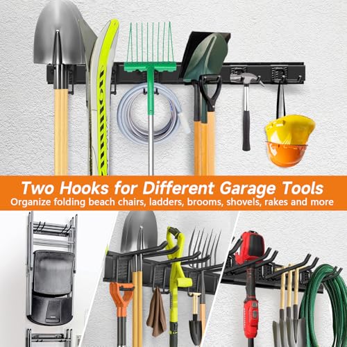 Garden Tool Organizer Wall Mount, Heavy Duty 48 Inches Garage Organization and Storage Racks for Yard Tools with 6 Hooks, Tool Hangers Holders for Hanging Folding Chair, Rake and Shovel