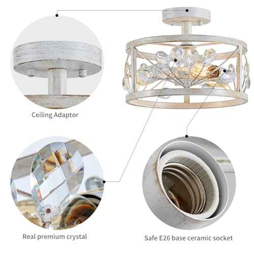 WUZUPS Crystal Leaf Chandelier 3-Light Vintage Farmhouse Industrial Semi-Flush Mount Ceiling Light Lighting Fixture for Foyer Hallway Storage Room Kitchen Bathroom, H 8.5" W 12", Antique White