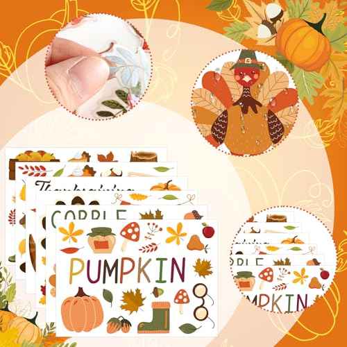 115 Pcs 6 Sheets Thanksgiving Wall Decals Fall Wall Stickers Thanksgiving Maple Leaves Turkey Pumpkin Stickers Fall Window Clings Decoration for Bedroom Living Room Home Decor(Pumpkin)