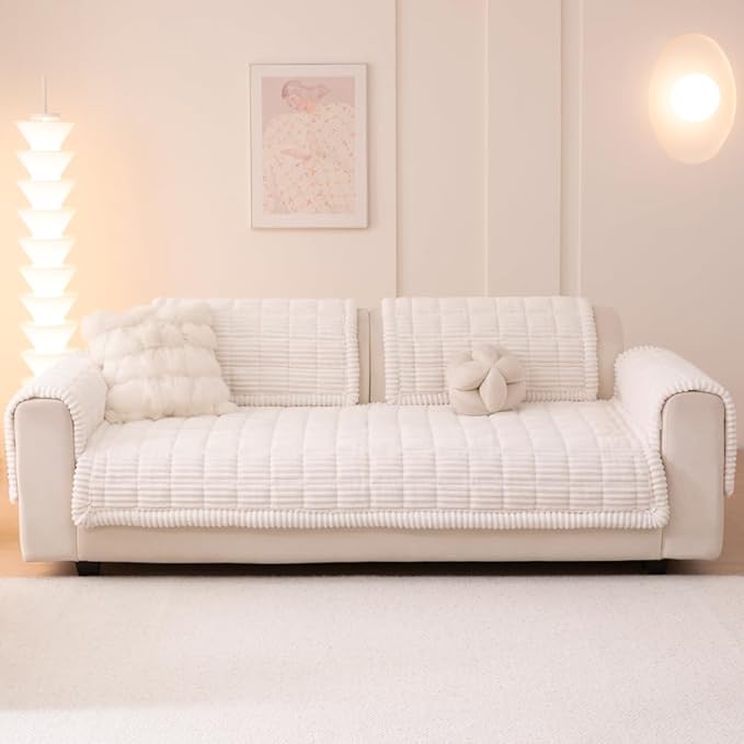 Couch Cover for Dogs Washable, Fuzzy Pet Couch Covers for 3 Cushion Sofa Pet Friendly, Non Slip Sofa Cover (White, 27.6" x 27.6"/70 x 70cm 2 PCS)