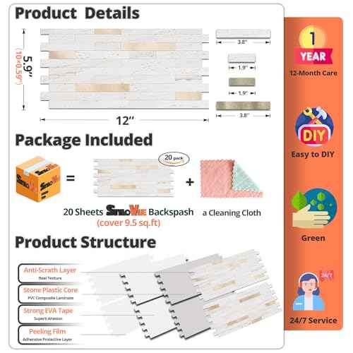 20 Sheets Peel and Stick Backsplash for Kitchen, Pearl White Sandstone with Metal Gold Look Stick on Tile Upgrade Your Kitchen Backsplash, RV, Fireplace
