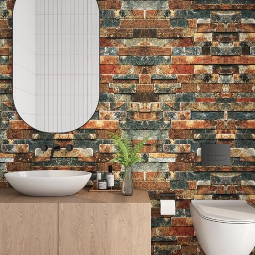 LACHEERY Vintage Brick Wallpaper Peel and Stick 3D Textured Brown Blue Stone Wallpaper Removable Self Adhesive Brick Contact Paper for Walls Kitchen Fireplace Heat Resistant Waterproof Roll 15.8"x80"