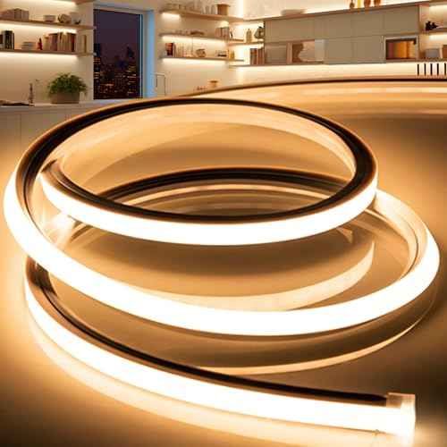 LED Strip Lights Warm White 3000K,32.8ft 110-120V Neon Rope Lights,Flexible Silicone Outdoor Waterproof Neon Strip Lights for Bedroom,Mirror,Kitchen Cabinet, Living Room,Halloween Decor