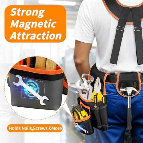 JUSTHERE Tool Belt, Professional Tool Belts for Men, 32''-60'' Size Adjustable Magnetic Tool Pouch With Suspenders & Multiple Pockets, Detachable Utility Belt Work Bags for Electrician, Carpenter