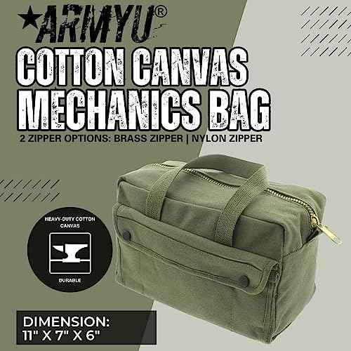 ARMYU Heavy Duty Small Tool Bag Tactical Cotton Canvas Mechanics Bag, 11" x 7" x 6", Olive - Brass Zipper