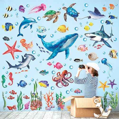 110PCS DIY Marine Animal Stickers, PVC Wall Decals for Home & Commercial Spaces - Whale, Turtle, Octopus, Dolphin, Coral Designs, Multi-Surface Adhesive Art for Kids & Adults