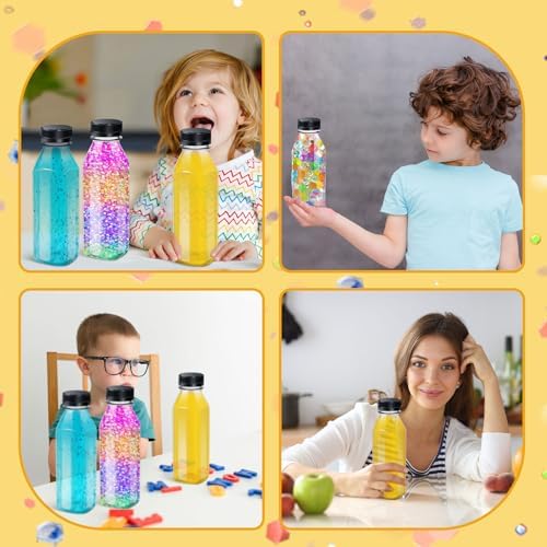 Honeydak 12 Pcs Empty Sensory Bottles Bulk with Black Lids 12 oz / 350 ml Clear Plastic Reusable Leakproof Juice Bottles Drink Container for Sensory Crafts Handmade Beverages Storage (Square)