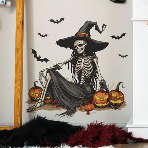 Horror Halloween Witch Skeleton Wall Decals,Removable Skull Wall Stickers with Bats & Pumpkins for Halloween Party Home Classroom Bar Decor (15.7x23.6 Inch)