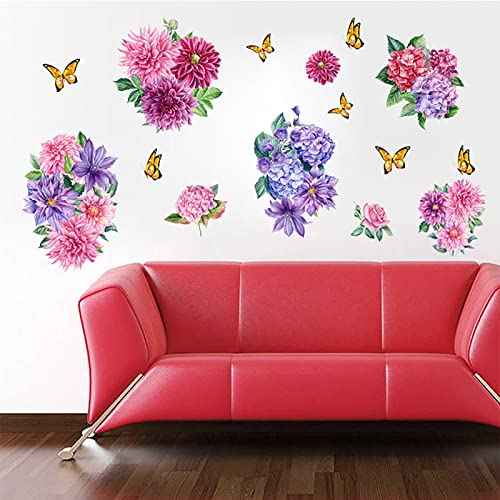 Wall Peony Butterfly Decals, Peony Rose Lavender Butterfly Flower Wall Stickers Flowers Decals Self Adhesive Removable Art Murals, Floral Peonies Walls Decal Stickers Walls Decor