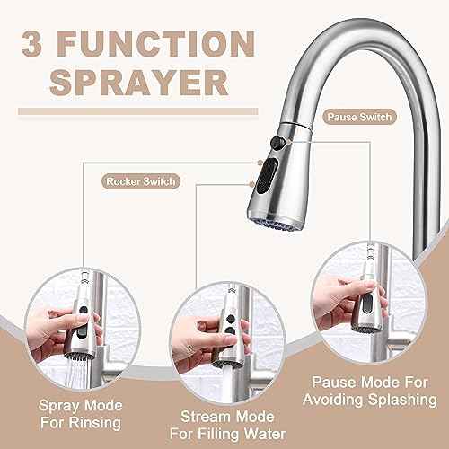Touchless Kitchen Sink Faucet with Pull Down Sprayer, Herogo Brushed Nickel Stainless Steel Smart Activated Kitchen Faucet with Soap Dispenser, Single Handle Motion Sensor Tap for Farmhouse RV Sink