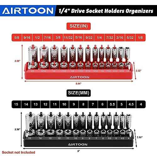 AIRTOON 1/4-Inch Drive Socket Organizer Trays, 2-Piece SAE and Metric Socket Tray Set, Deep and Standard Socket Holders Organizers for Toolbox, Black & Red