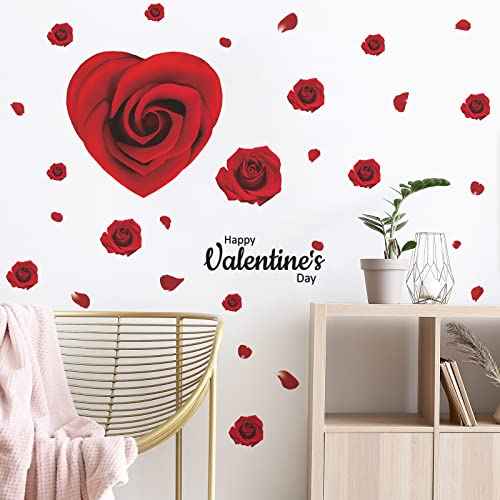 Heart-Shaped Rose Flower Wall Decals, Valentine's Day Love Wall Stickers, Removable Self-Adhesive Valentine Window Stickers, Romantic Wedding Anniversary Wall Art, Peel and Stick Murals for Home Decor