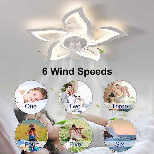26" Geometric Ceiling Fan with Light Remote Control, 6 Speeds 3 Colors, White Low Profile Flush Mount Ceiling Light for Kitchen Bedroom Living Room