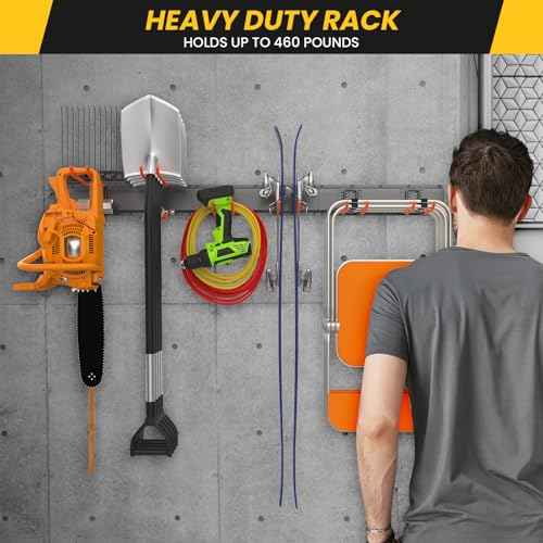 Garage Storage Organization Wall Mount, Garden Tool Organizer 48 Inches, Adjustable Heavy Duty Metal Hooks, Yard Tool Organizer Hold Up to 450lbs, Hanging Rake Broom Mop Snowboard (48 inch)