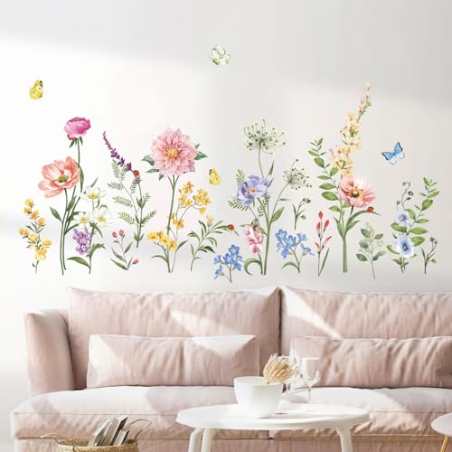 wondever Garden Flower Wall Stickers Poppy Peony Pink Floral Butterflies Peel and Stick Wall Art Decals for Living Room Bedroom TV Background