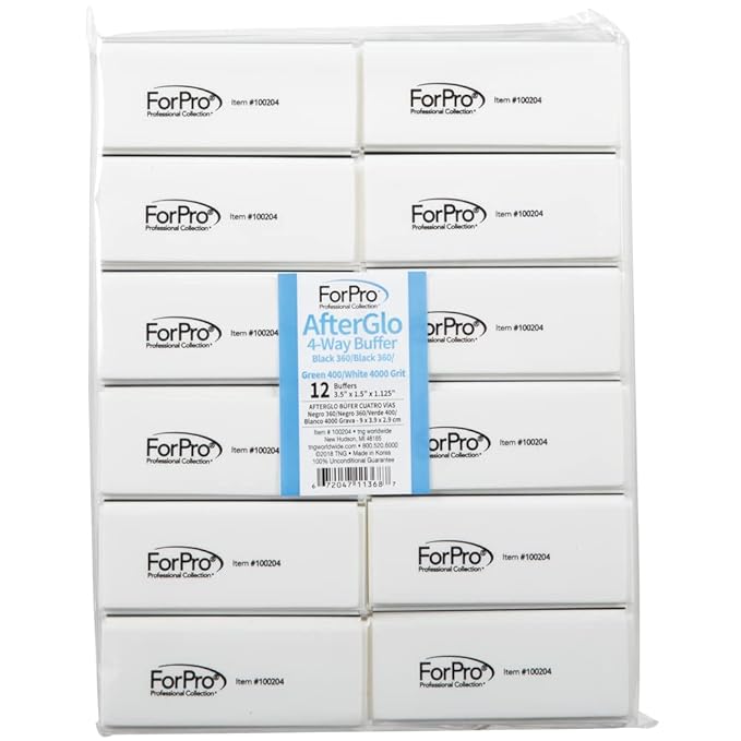 ForPro AfterGlo 4-Way Buffer, Black 360/Black 360/Green 400/White 4000 Grit, Four-Sided Manicure and Pedicure Nail Buffer, 1.125” H x 1.5” W x 3.5” L, 12-Count (Pack of 2)