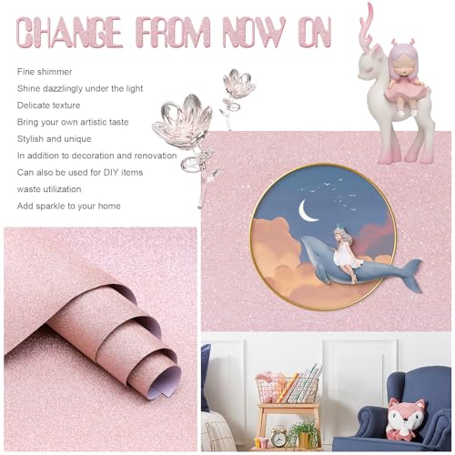 Amiya Pink Glitter Vinyl Contact Paper 17.3"¡¿120" Self Adhesive Sparkly Stick and Peel Wallpaper Decorative Glittery Bling Wallpaper for Bedroom Living Room Walls