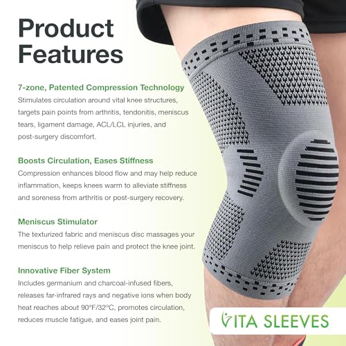 Vita Sleeves For Knees 7-Zone Compression Sleeve Brace | Breathable Lightweight Support for Sore or Stiff Knees in Running, Sports, Workouts | Anti-Slip Grip, Moisture-Wicking (S/M-L/XL) (Small/Medium)