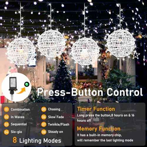 Outdoor Christmas Balls Lights Tree Lights Waterproof, 4 Pack 11.81" LED Hanging Globe Sphere Lights with 8 Lighting Modes Memory Timer Plug for Party Wedding Xmas Porch Patio Garden Yard Decorations