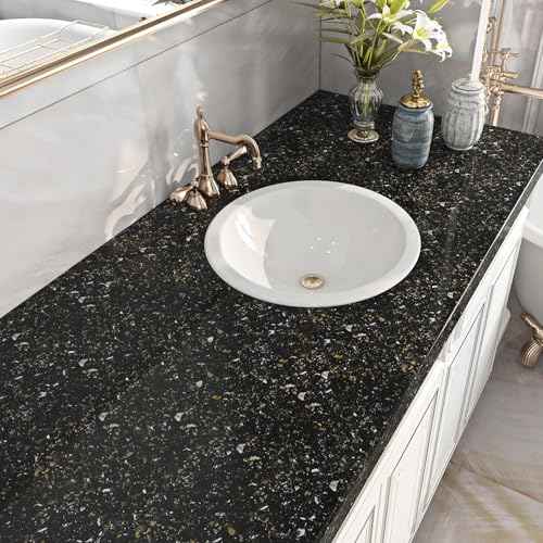 Livelynine Black and Gold Granite Contact Paper for Countertops Waterproof Counter Top Covers Renter Friendly Countertop Peel and Stick Wallpaper Kitchen Vinyl Wrap Bathroom Sink Table Desk 15.8x78.8