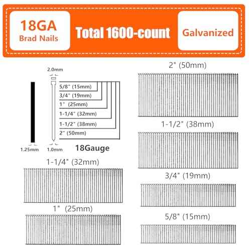 18 Gauge Galvanized Brad Nails Brown T-head 6 Sizes 1600-Pack (5/8"+3/4"+1"+1-1/4"+1-1/2"+2"), Assorted Size Project Pack, for Pneumatic, Electric 18GA Brad Nailer Gun