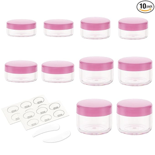 10pcs Small Travel Containers, Pink Sample Containers with Screw Lids, 5 Size 3/5/10/15/20 Gram Sample Jars with 12pcs Labels and 2pcs Mini Disposable Spatula, Makeup Sample Containers BPA Free