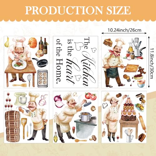 Chinco Chefs Peel and Stick Wall Decals Italian Fat Chefs Cooking Wall Sticker Wine Cake for Kitchen Restaurant Dining Room Home Decoration, 6 Sheets
