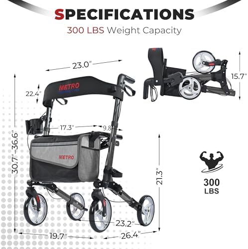 Metro Mobility Rollator Walker with Seat for Seniors, Foldable Lightweight Rolling Walker, 8" Big Wheels for All Terrain, 300 lb. Weight Capacity, Black