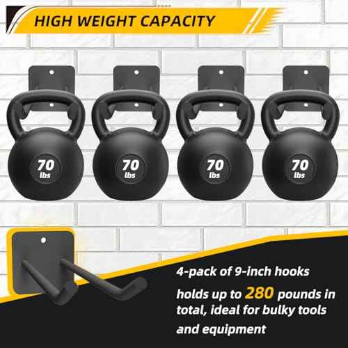 Garage Storage Hooks Heavy Duty Steel Tool Organizer Wall Mount Hangers Hooks Racks for Ropes Hoses and Garden Yard Tools Organization Holder Bulk Items Hanging Tool 9 Inch 4 Pack Holds 280 Pounds