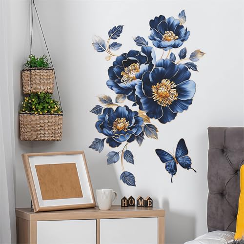 Gorgeous Blue Peony Rose Flower Wall Stickers, sacinora Butterfly Floral Art 3D Wall Decals Removable Vinyl Peel and Stick for Bedroom Study Room Bathroom Home Decorations