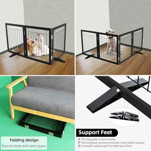 ZJSF Freestanding Dog Gate Indoor, Foldable Dog Fence for Doorways,Hallways or Stairs, Sturdy Wood Extra Wide Pet Gate with Support Feet,Black,24 "Height-3 Panels